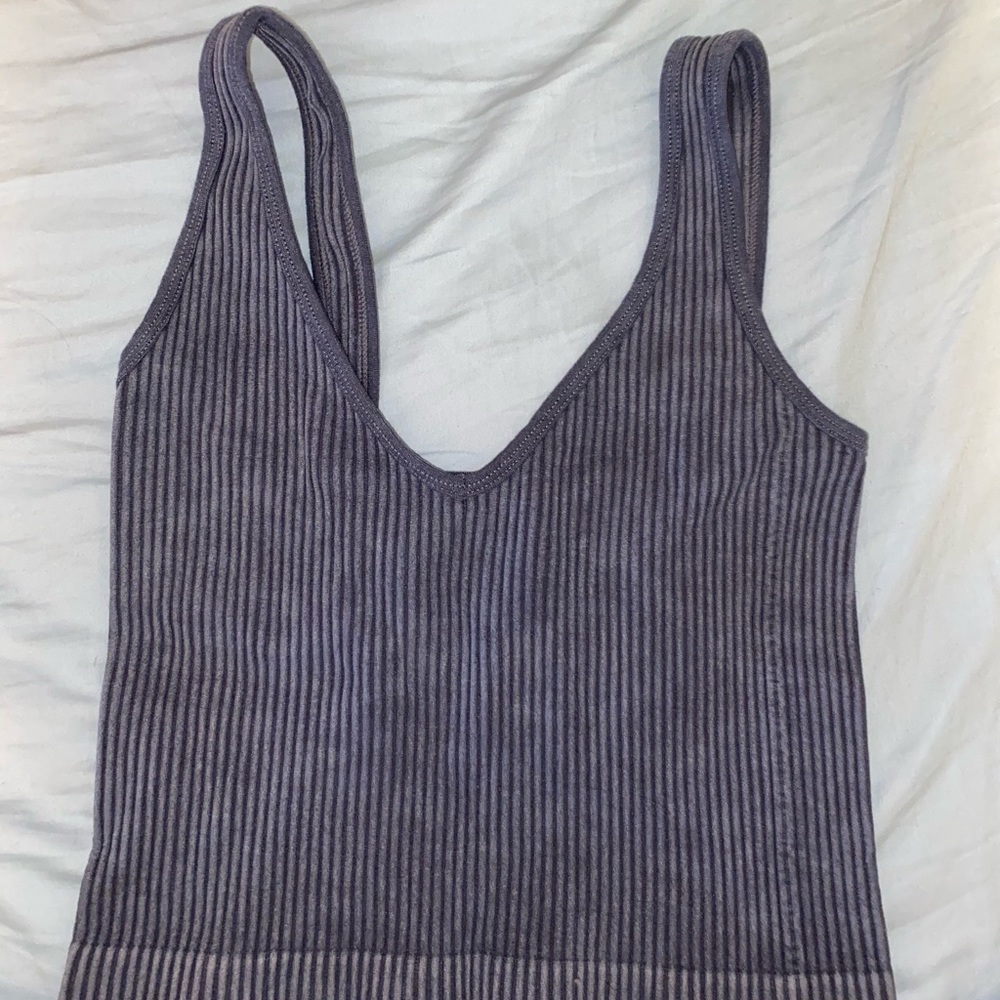 aura blue gray stretchy s/m crop workout top